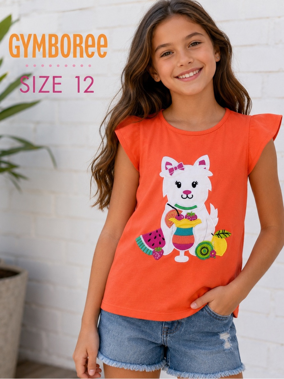 Gymboree Girls Orange Kitty Graphic Flutter Sleeve Top Size 12 Summer Cute